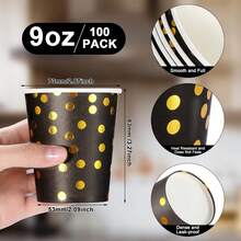 10/20pcs Black & Gold Theme Party Paper Cups, Gold Polka Dot Pattern Party Paper Cups, Suitable For Birthday Party, Family Gathering, Class Reunion, Outdoor Picnic - View 7