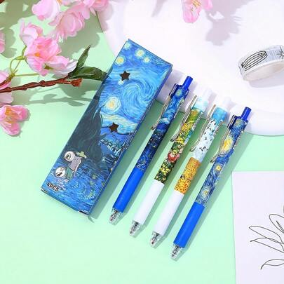 4支油画图案伸缩圆珠笔，0.5mm超细笔尖，速干黑色墨水，书写流畅，适合家庭、学校和办公用品，是理想的礼品选择。