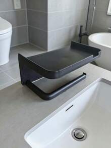 1pc Wall Mounted Toilet Paper Storage Rack & Mobile Phone Holder, Self Adhesive Toilet Paper Holder With Phone Shelf, Upgrade Your Bathroom With Rustproof And Bathroom Washroom, Black Tissue Rack - Multicolor - View 10