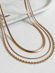 1pc 3 Layer Gold Tone Snake Chain & Cuban Link Layered Necklace For Women, Vintage Minimalist Collarbone Chain, Fashion Daily Wear Jewelry - Necklace - View 6