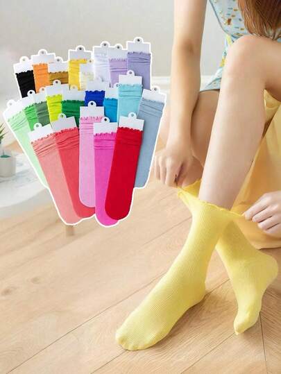 1/4 双休闲百搭纯色中筒袜