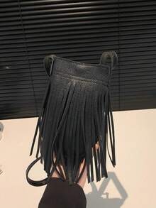 Bolso bandolera de cuero retro de moda, bolso de hombro estilo bohemio con flecos y remaches, cartera cuadrada casual, bolso de mensajero adecuado para viajes y uso diario, bolso bandolera d - Negro 3 - Ver 7