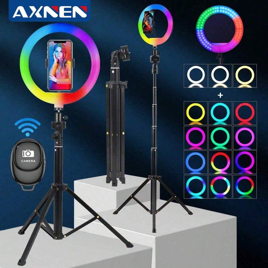 AXNEN 10-Inch Ring Light With Stand, 52-Inch Height, Includes Phone Holder, 39 Color Modes, Selfie Ring Light With Tripod, Dimmable/Fast Adjustable LED Ring Light With Remote, Suitable For Smartphone Makeup/Live Streaming/Video Shooting - Black - View 1