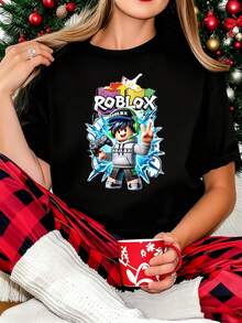 Casual Style Women's T-Shirt  Character Design Winter Holiday Gift For Gamers And Fans - 黑色 - 查看 9
