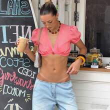 Women's Summer Short Crop Tops Casual Stylish Solid Color Decorative Button V Neck Short Sleeve Super Crop T-Shirt - 粉色 - 查看 3