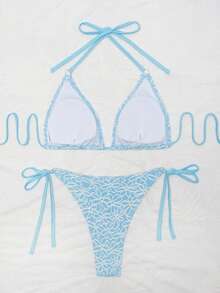 Bộ bikini cạp cao buộc dây bên hông, họa tiết hoa xanh trắng. - Màu xanh nhạt - Xem 2