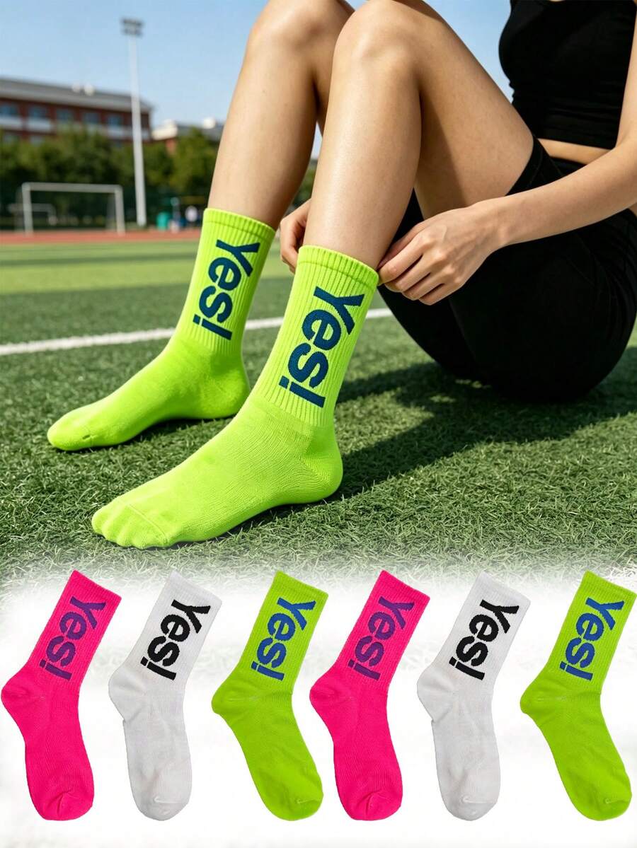 1/4 Pares de Meias com Padrão de Letras em Cores Neon, Meias Esportivas Respiráveis para Adolescentes, Uso Diário e Exercícios - Multicolorido - Visão 1