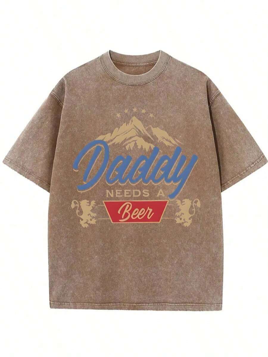 Dad Needs A Beer! This Retro-Style T-Shirt Is A Classic Of Casual Retro Fashion, Featuring A Popular Mountain Lion Print And Made From 230g Washed Cotton. It's A Versatile Retro Urban Style, A High-Quality Retro Fashion Statement For Men In Summer. It's Loose-Fitting, Soft, Comfortable, And Comes In Various Colors. Suitable For Outdoor Wear In Spring And Summer, It Has A Decent Thickness And Can Be Worn Daily Or Given As A Gift For Friends, Parties, Back-To-School, New Year's, St. Patrick's Day, Or Father's Day. (Retro Style, Heavyweight, Unisex) - 咖啡棕 - 查看 1