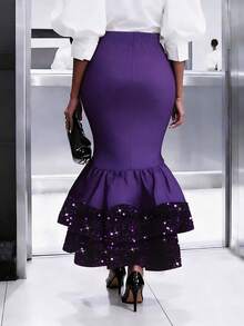 加大码黑色美人鱼长裙，优雅亮片荷叶边针织面料长裙度假风 - 紫色 - 查看 3