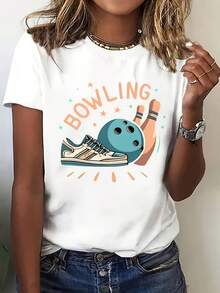 Fashionable And Sporty Women's Short-Sleeve T-Shirt - Features A Vibrant Bowling Graphic, Easy To Wash, Comfortable And Casual Crew Neck Top, Made From A Polyester Blend, Suitable For All Seasons.Available In Multiple Colors And Sizes - 白色 - 查看 2
