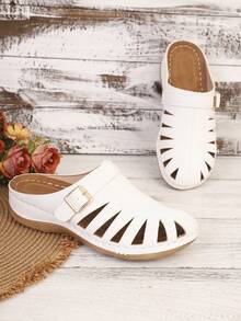 Women's Hollow Out Slip-On Thick Sole Slippers, Solid Color Elegant Avant-Garde Beach Resort Fashion Bohemian Casual Sexy Hollow Out Women's Wedge Thick Bottom Sandals, Summer - White - View 4