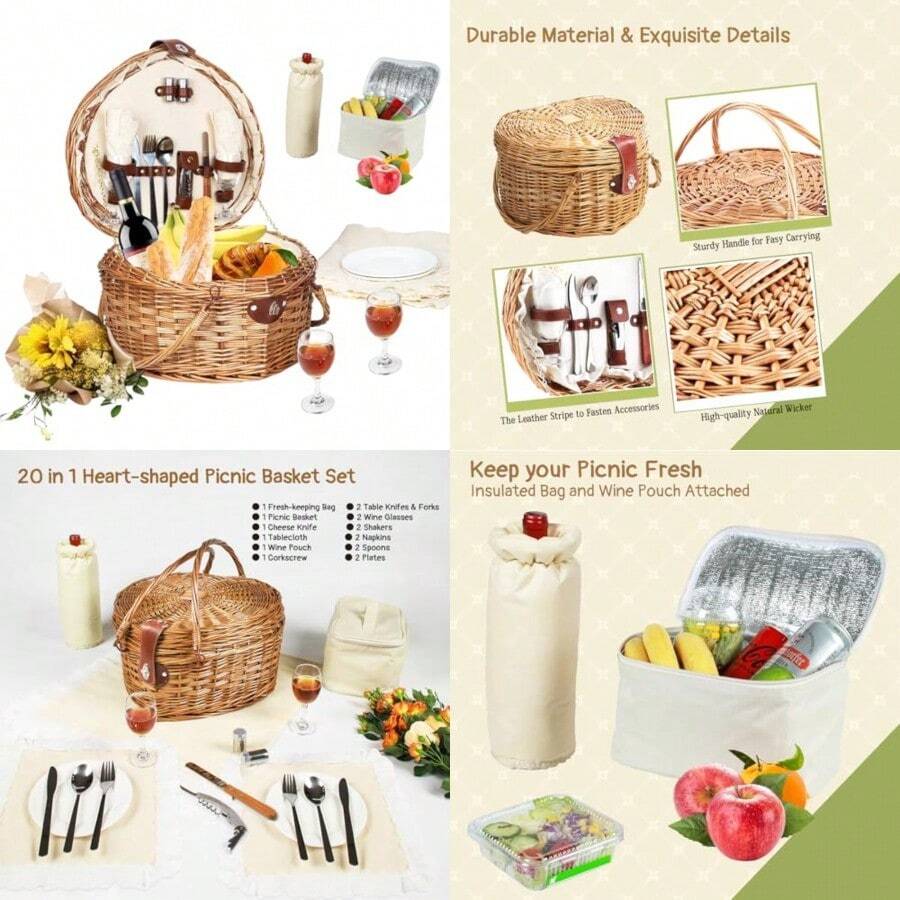 Juego de cestas de picnic en forma de corazón para 2 personas cesta de mimbre con sauce romántico con vajilla para camping interior y exterior regalo de pareja para el día de San - marrn claro - Ver 1