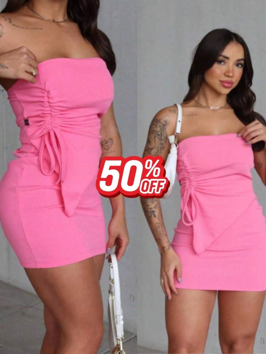 Conjunto feminino NOVO anarruga cropped tomara que caia amarrção na lateral franzido com saia curta confortável chique verão 2026 moda modinha blogueirinha - Rosa Bebê - Visão 1