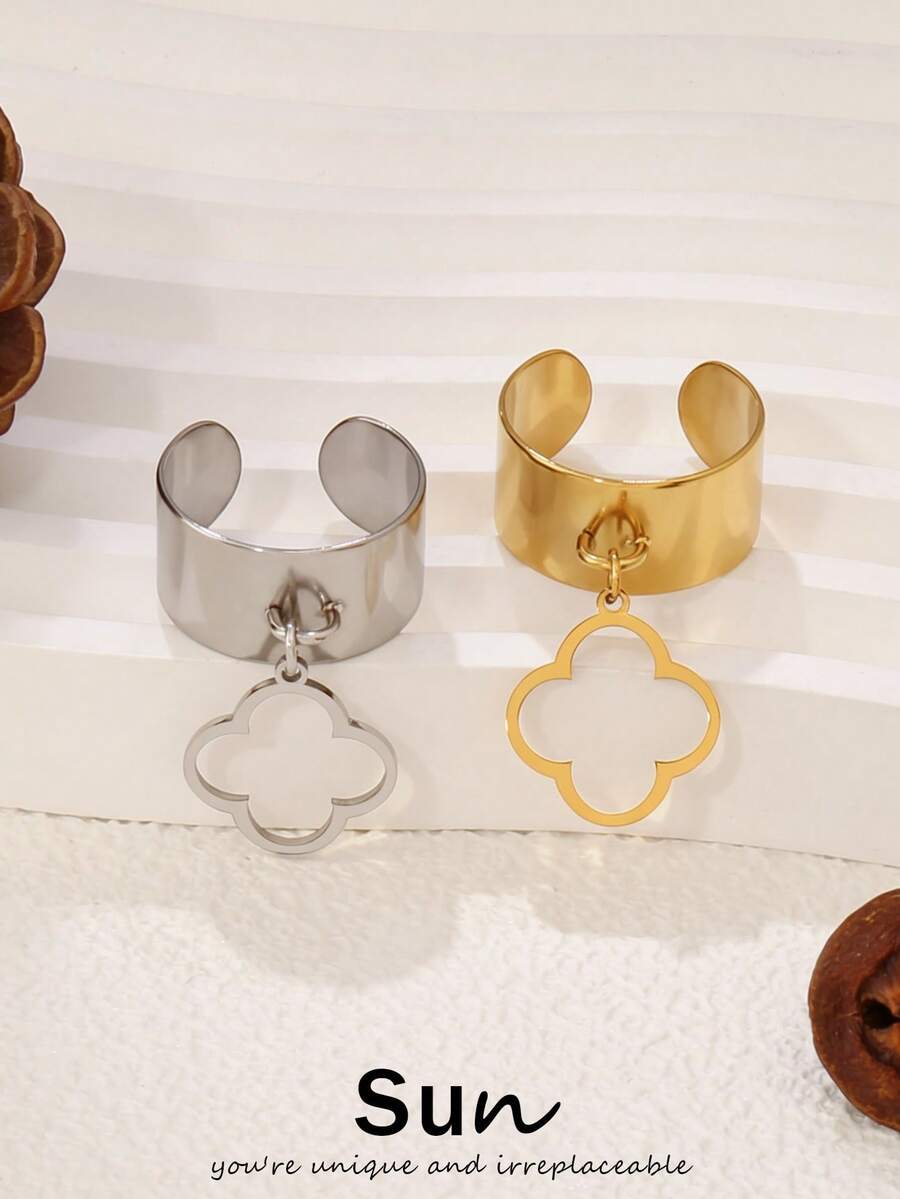 1pc Stainless Steel Four Leaf Clover Pendant Open Rings Fashion Flower Charms Ring For Women Jewelry - Ring - View 1