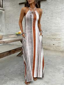Women's Vintage Striped Sleeveless Halter Dress, Bohemian Style With Convenient Pockets Summer Elegant Brown - Brown - View 1