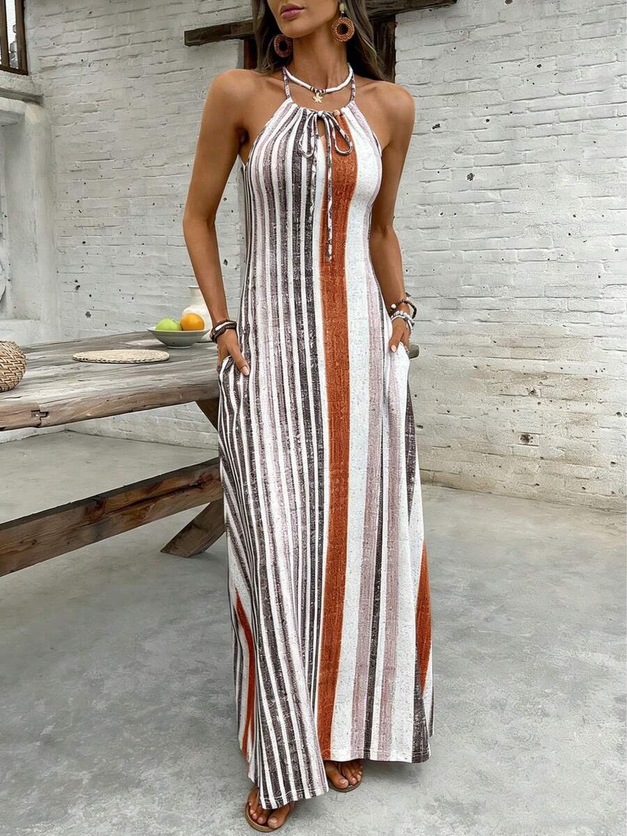 Women's Vintage Striped Sleeveless Halter Dress, Bohemian Style With Convenient Pockets Summer Elegant Brown - Brown - View 1