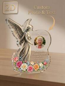 Custom Angel Memorial Plaque, Personalized Photo Acrylic Memorial Plaque, Customized Text Condolence Gift For Family, Friends, Funeral, Mourning Gift, Home Decor, Memorial Collectible, Anniversary, Sympathy Gift - Flower - View 1