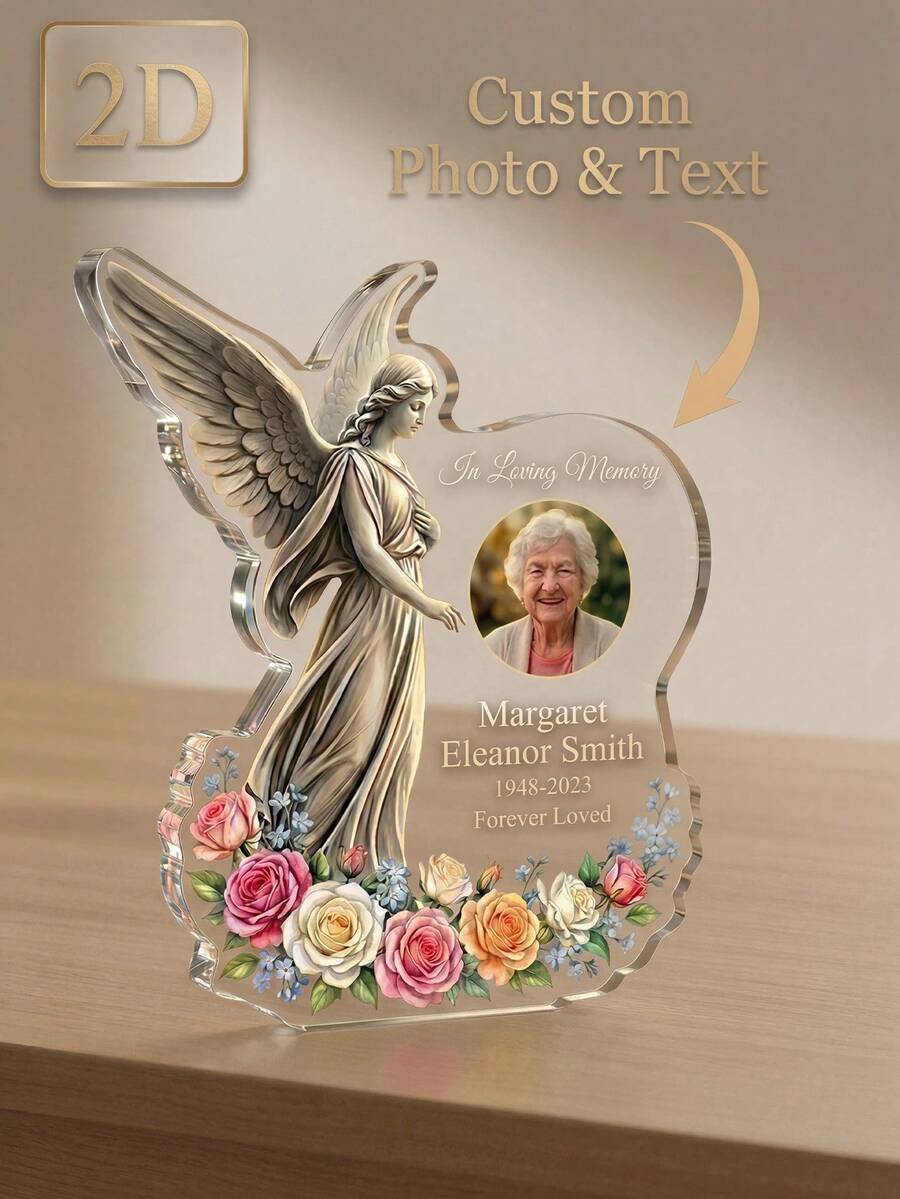 Custom Angel Memorial Plaque, Personalized Photo Acrylic Memorial Plaque, Customized Text Condolence Gift For Family, Friends, Funeral, Mourning Gift, Home Decor, Memorial Collectible, Anniversary, Sympathy Gift - Flower - View 1
