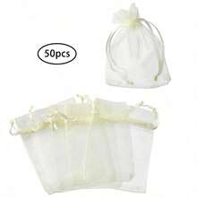 50pcs Milky White Organza Drawstring Bags, Suitable For Wedding Season, Music Festivals, Candy Bags, Jewelry Pouches, Gift Packaging - Off White - View 8
