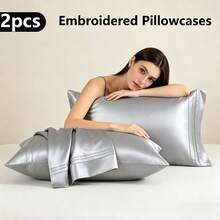 [Spring & Summer Recommended] 2pcs Satin Pillowcase Set, Silky Soft & Breathable Bedding, Suitable For Bedroom, Guest Room, Machine Washable, Durable, Breathable, Wrinkle-Resistant - Silver Gray - View 10