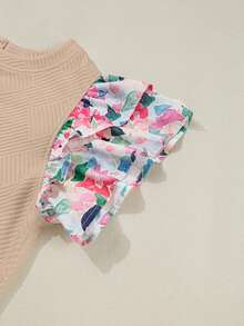 Acelitt Women's Khaki Round Neck Fitted Ruffle Colorful Floral Cuff Short Sleeve T-Shirt, Fashionable And Stylish For Summer - Khaki - View 8