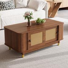 Couchtisch Mit Rattan-Schiebetüren, Abgerundete Ecken, Stauraum, MDF, Holzoptik, Wohnzimmertisch, Modernes Design - Walnut - View 5