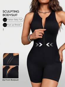 女士无缝连体衣，塑形收腰带，提臀运动紧身衣 - 黑色 - 查看 1