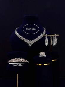 5pcs Luxury Royal Style V-Shaped Bridal Wedding Jewelry Set, Handset White Cubic Zirconia, Including Necklace, Bracelet, Earrings, Ring, Suitable For Daily Wear And Wedding, Wedding Anniversary Gift (Comes With High-End Golden Gift Box) - V-shaped Bridal Suit - View 1