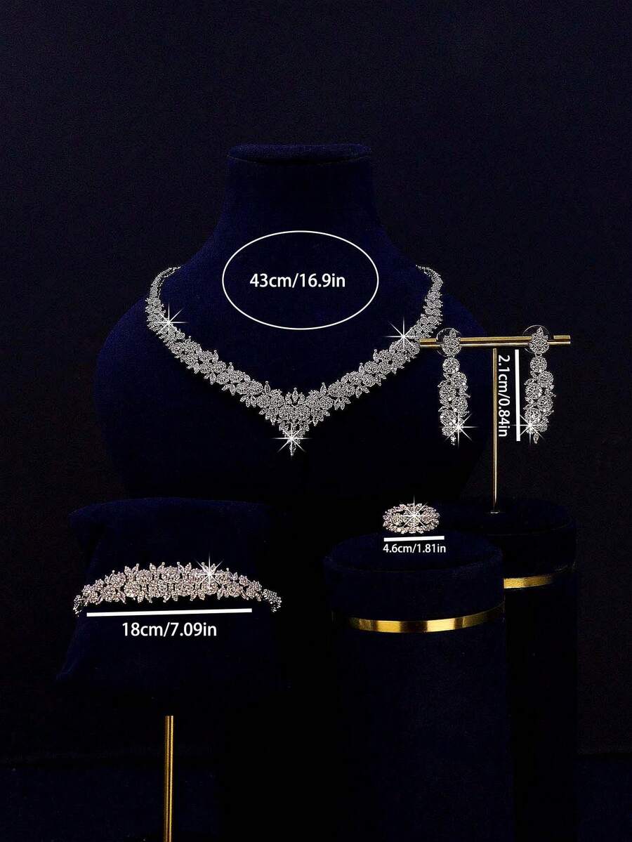 5pcs Luxury Royal Style V-Shaped Bridal Wedding Jewelry Set, Handset White Cubic Zirconia, Including Necklace, Bracelet, Earrings, Ring, Suitable For Daily Wear And Wedding, Wedding Anniversary Gift (Comes With High-End Golden Gift Box) - V-shaped Bridal Suit - View 1