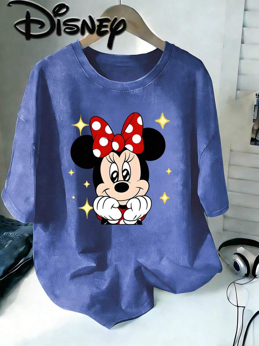 Disney Minnie Mouse Cheeks Stars Vintage Washed Brown Oversized Cotton T-Shirt, Extra Large Baggy Fit Tee For Women, Minnie Mouse Fan Top - Blue - View 1