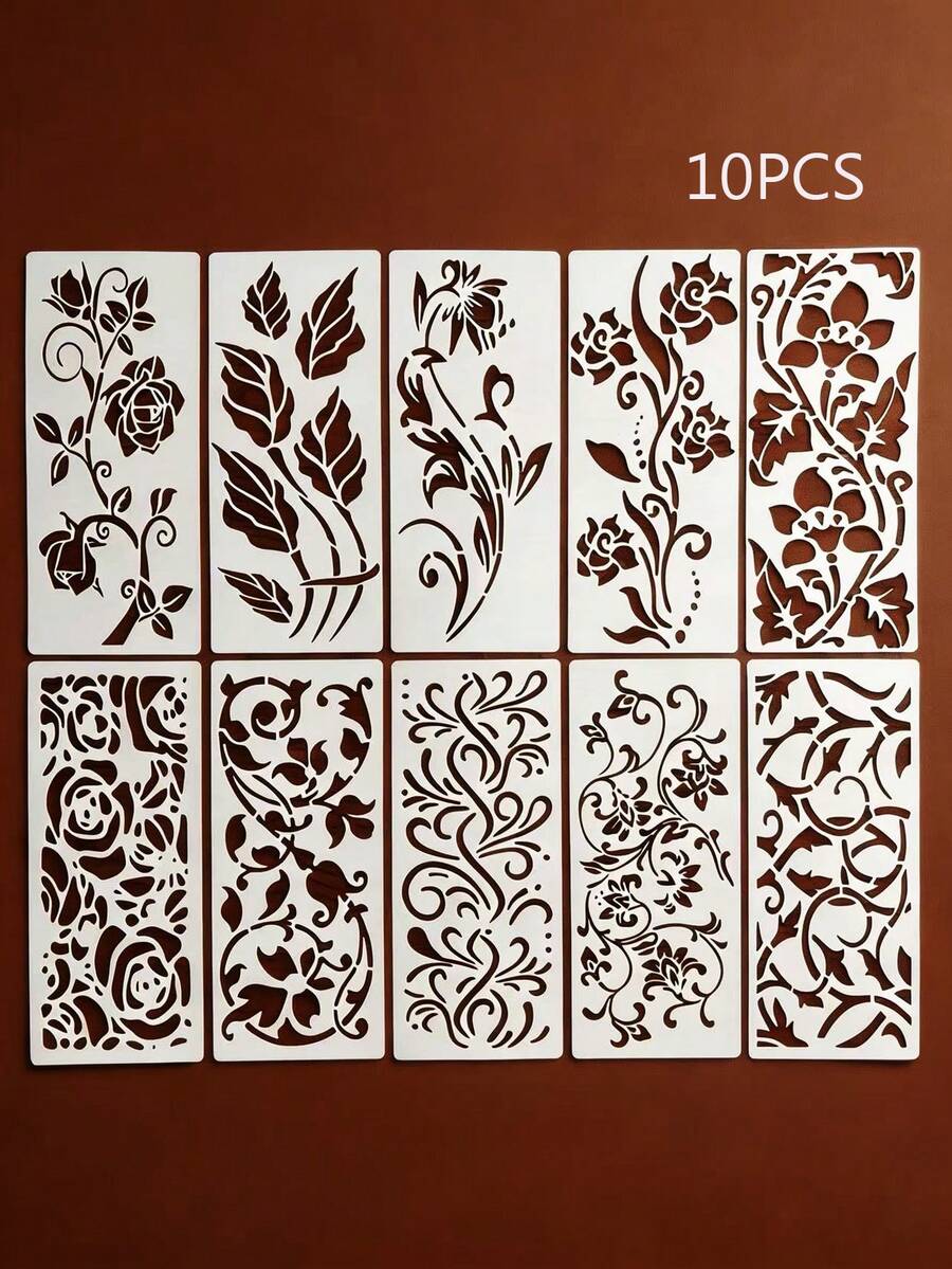 10 khuôn vẽ rỗng hình dây leo hoa, dụng cụ hỗ trợ vẽ tranh graffiti thủ công, dùng cho việc tự làm đồ trang trí tường, gỗ, vải, hộp quà, sổ lưu niệm, chất liệu nhựa tái sử dụng.