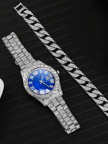 4pcs/Set Fashion Business Casual Men's Watch Set, Large Dial Round Steel Band Quartz Watch, Includes Personalized Chain Bracelet, Cross Pendant Necklace, Ring Accessory Combo, Suitable For Men's Gift, Applicable For Holiday, Business, Party And Daily Wear - Silver - View 5