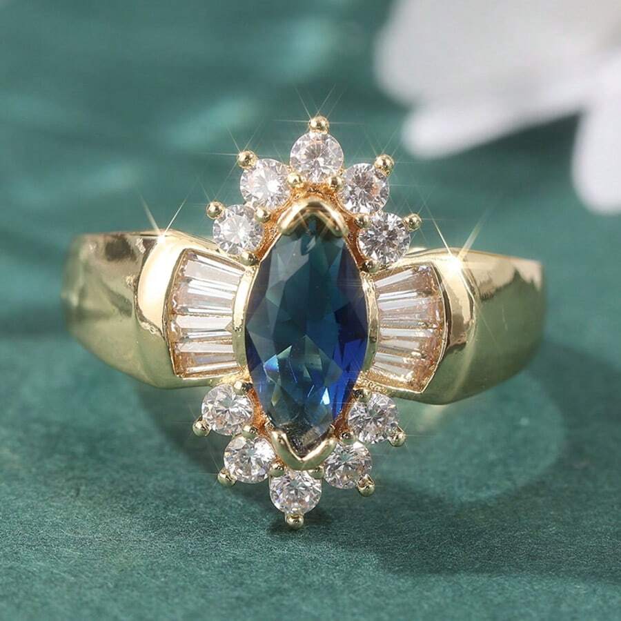 波西米亚风优雅藏蓝色合成锆石花朵戒指，创意手工饰品，适合日常及节日佩戴，母亲节佳礼。 - 金色 - 查看 1