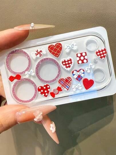 Cute DIY Lens Protector Sweet Checkered Polka Dot Love Heart Bow Candies Pattern Sticker + 1pc Shiny Glitter Clear Camera Protect Film Compatible With IPhone 17 Pro Max 17Pro 17 16 Pro Max 15 Pro Max 14 Pro Max 13 Pro Max Lovely Transparent Tempered Glass Lens Cover Shockproof Anti-Scratch Camera Protector Accessories Gift Girl