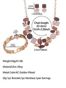 3pcs/Set Women's Fashion Bohemian Style Minimalist Khaki Geometric Necklace, Earrings And Bracelet Set, Suitable For Daily Wear, Party, Gala, Vacation, Music Festival, Beach, Mother's Day, Birthday And Other Occasions - Geometry - View 4