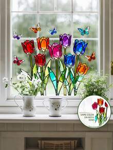 1pc Cartoon Colorful Stained Glass Tulip & Butterfly Window Sticker, Balcony Glass Window Decor - Tulip Butterfly Window Stickers - View 5