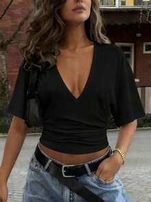 Y2K Sexy Casual Top With Pleated Waist And V-Neck, Fitted, Ideal For Daily Wear, Commuting, Dates And Summer Parties - 黑色 - 查看 1