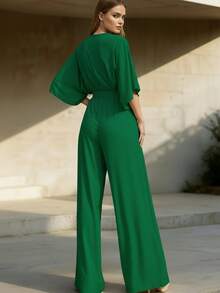 Mono Elegante De Pierna Ancha Escote Profundo Manga Holgada Casual Para Mujer - Verde green - Ver 3
