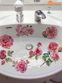 SUPSTICKER 1pc Watercolor Pink Rose Bathtub Sticker, PVC Peel And Stick Removable Decal, 12.79x18.62in, For Bathroom Tub Sink - 1PC - View 2