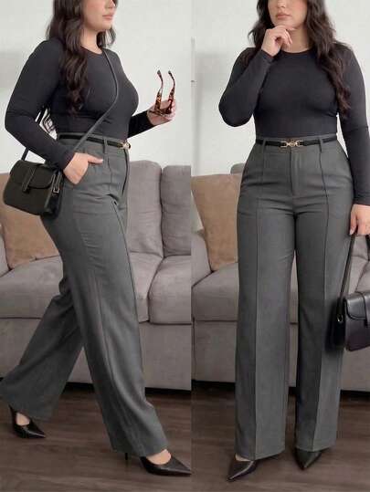 (Sem Cinto) Calça Reta de Cor Sólida Plus Size para Mulheres, Design Plissado na Frente com Botão e Zíper, Estilo Casual e Moderno para a Primavera