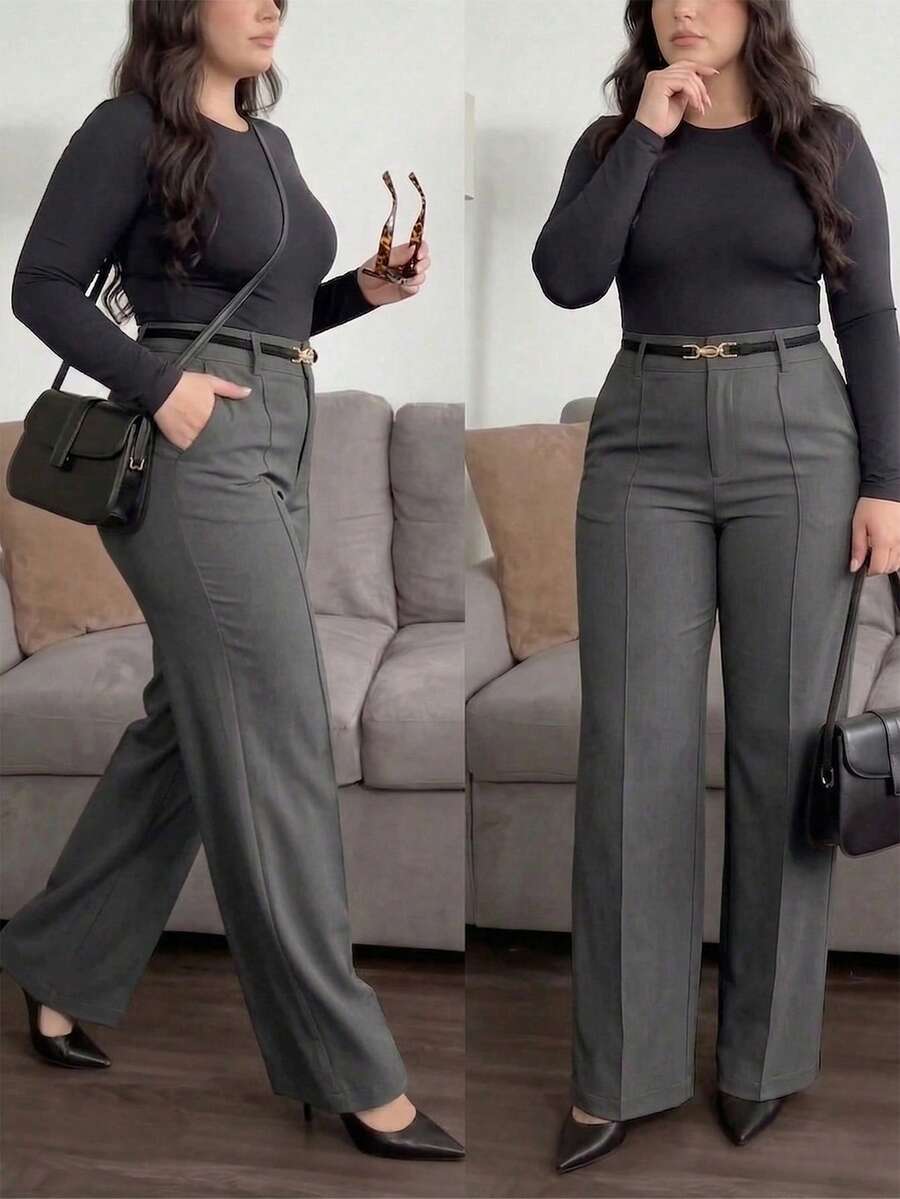 (Fără curea) Pantaloni drepți de culoare solidă pentru femei, mărime plus, design plisat cu nasture și fermoar în față, stil casual și modern de primăvară - Gri inchis - Vizualizare 1