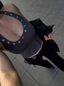 Women's O-Ring Studded Y2k Halter Neck Crop Tank Tops Slim Fit Scoop Neck Rivet Metal Eyelet Backless Sleeveless Vest Summer Y2K Streetwear Gothic Punk Clothes Rave Costumes Party Clubwear - 灰 - 查看 5