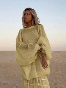 VIBEWAVE Suéter de punto con cuello redondo retro francés y calado, estilo suelto y relajado para mujer, para primavera y otoño - Albaricoque - Ver 2