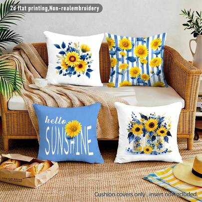 Set de 4 fundas de cojín con girasoles amarillos en acuarela, material de terciopelo suave impreso por un solo lado, de 45*45CM, adecuado para decoración interior, decoración de fiestas, regalo de cojín decorativo