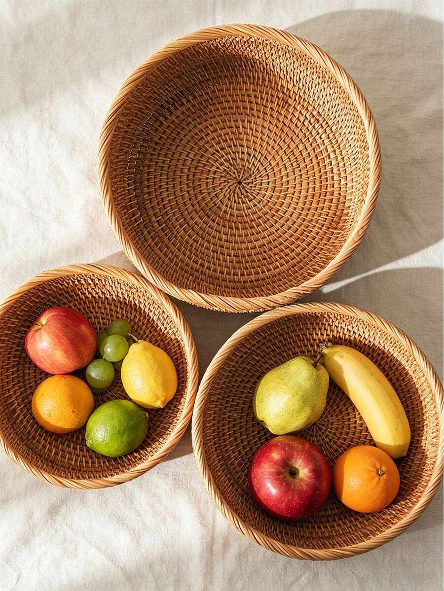 1/3pcs Round Woven Storage Basket, Suitable For Vegetables, Fruits, Bread, Snacks, Can Decorate Tabletop, Living Room, Bathroom, Kitchen Counter (Small/Medium/Large), Modern Boho Style Rope Plant Hanging Basket, Wooden Rattan Geometric Basket, Natural Metal Frame Accent, Suitable For Coastal Garden Decor - Khaki - View 1