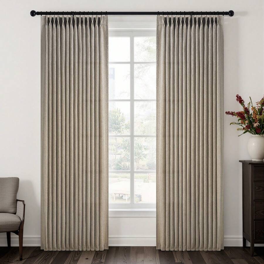 2 Panels Natural Pinch Pleated Semi-Shading Curtains Textured Linen Blended Window Curtains For Living Room Bedroom Pinch Pleat Drapes With Hooks - 深亞麻色 - 查看 1