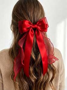 1 Pack Women's Hair Clips, Large Satin Bow Hair Clips, Extra Long Tail Cute Hair Accessories, Elegant Fashion Hair Pins, Metallic Butterfly Hair Clips, Neutral Colors,Travel,Birthday - Red - View 1