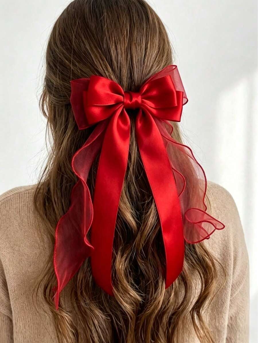 1 Pack Women's Hair Clips, Large Satin Bow Hair Clips, Extra Long Tail Cute Hair Accessories, Elegant Fashion Hair Pins, Metallic Butterfly Hair Clips, Neutral Colors,Travel,Birthday - Red - View 1