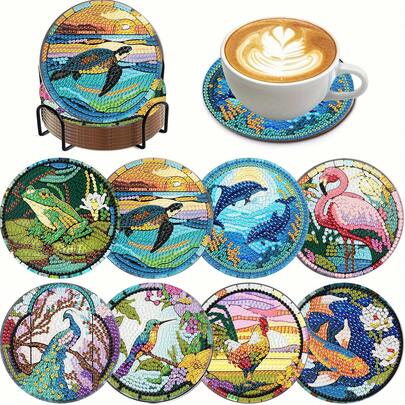 8pcs Animal Diamond Painting Coaster Set, Smooth Shiny Diamond Surface, Firmly Adhesive With Full Tools, Easy For Beginners, Stress Relief Handcraft, New Year, Valentine's Day, Christmas, Teacher's Day Gift, Home Decor Tabletop Coasters For Family, Friends, Teachers