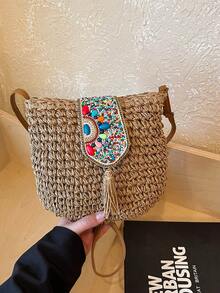 Bolso de paja de moda nueva Primavera/Verano 2026, bolso de hombro/cruzado con flecos, bolso de playa para vacaciones - Caqui - Ver 8